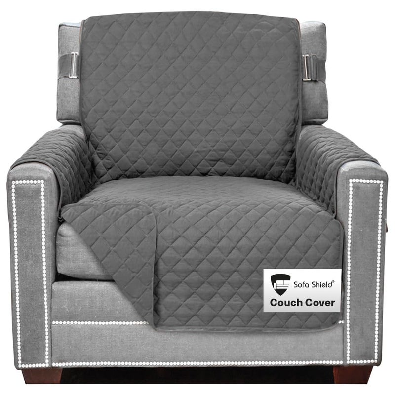 Sofa Shield Armchair Slip Cover with Patented Strap, Cushion Protector, US Designed Reversible Stain and Dog Tear Resistant Slipcover, 23 inch Seat, Washable Covers for Dogs Pets, Charcoal - Image 1